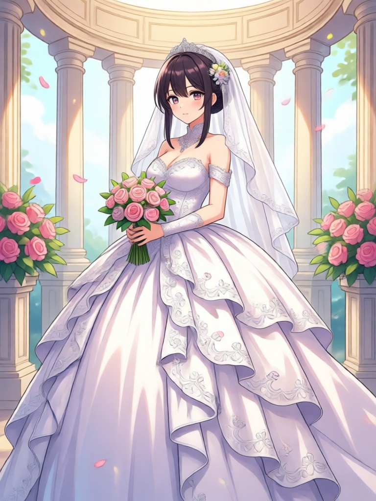 Anime bride with floral crown and natural background