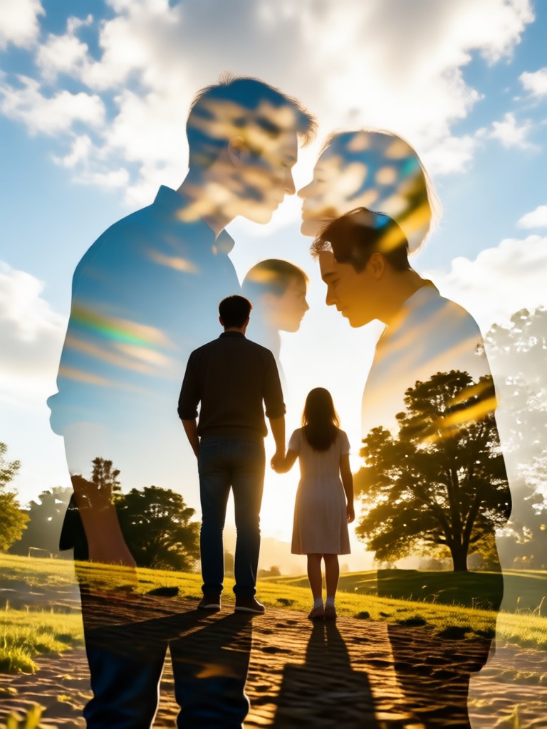 Sibling photo blended with autumn leaves in a double exposure