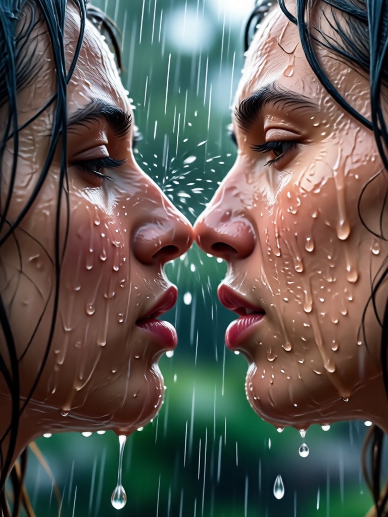 Beso cinematográfico bajo la lluvia de noche con reflejos de neón