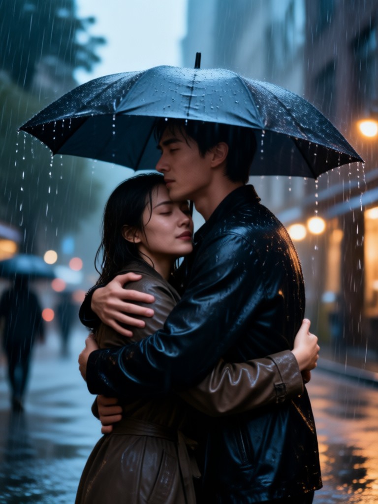 Dramatic cinematic rain hug scene