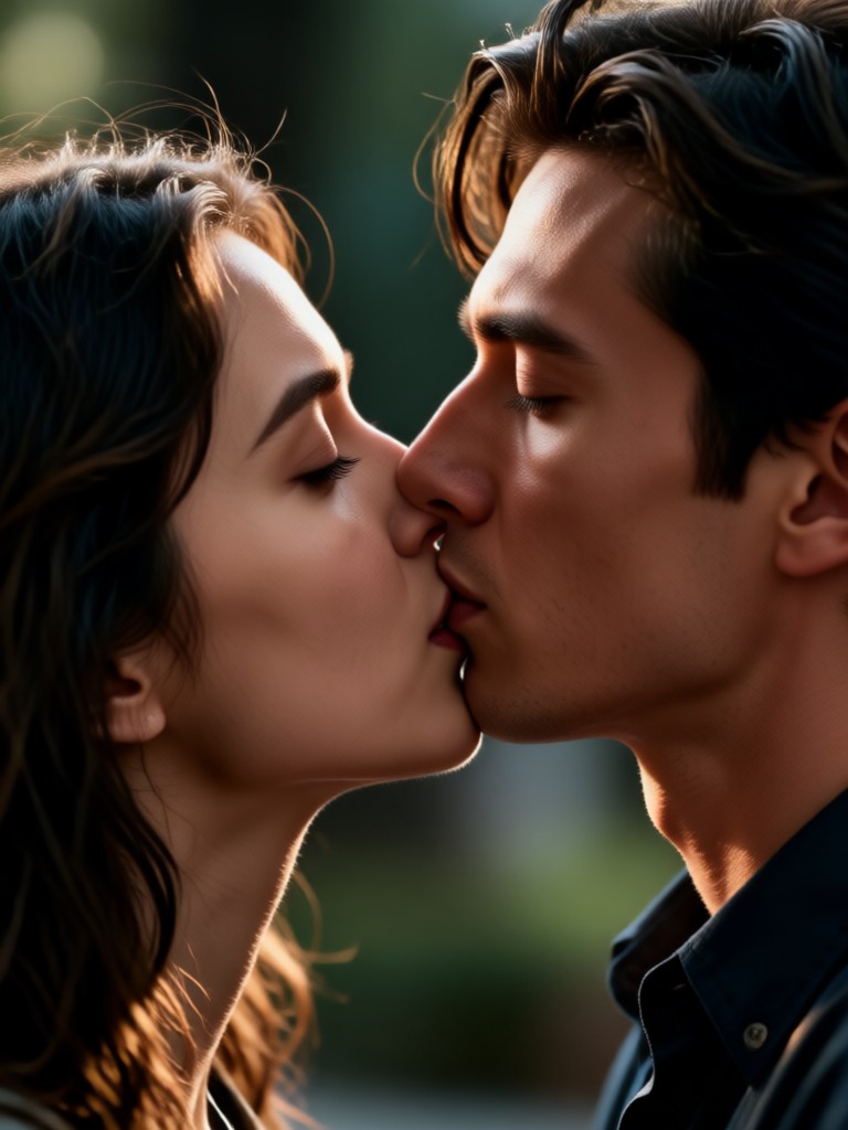 Escena Moderna de Beso en la Azotea al Atardecer