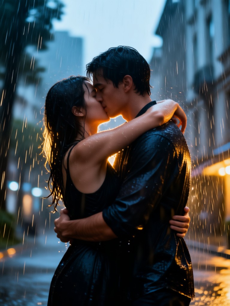 Gentle rainy embrace effect with soft lighting