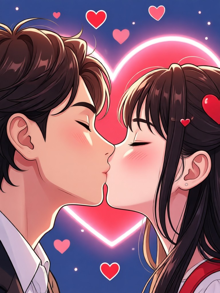Valentine love kiss effect with floating hearts
