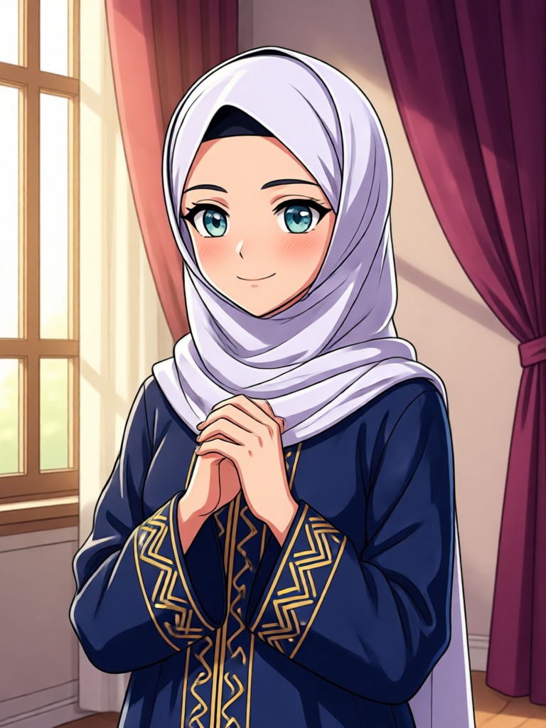 Casual Muslim anime character in everyday modest clothing