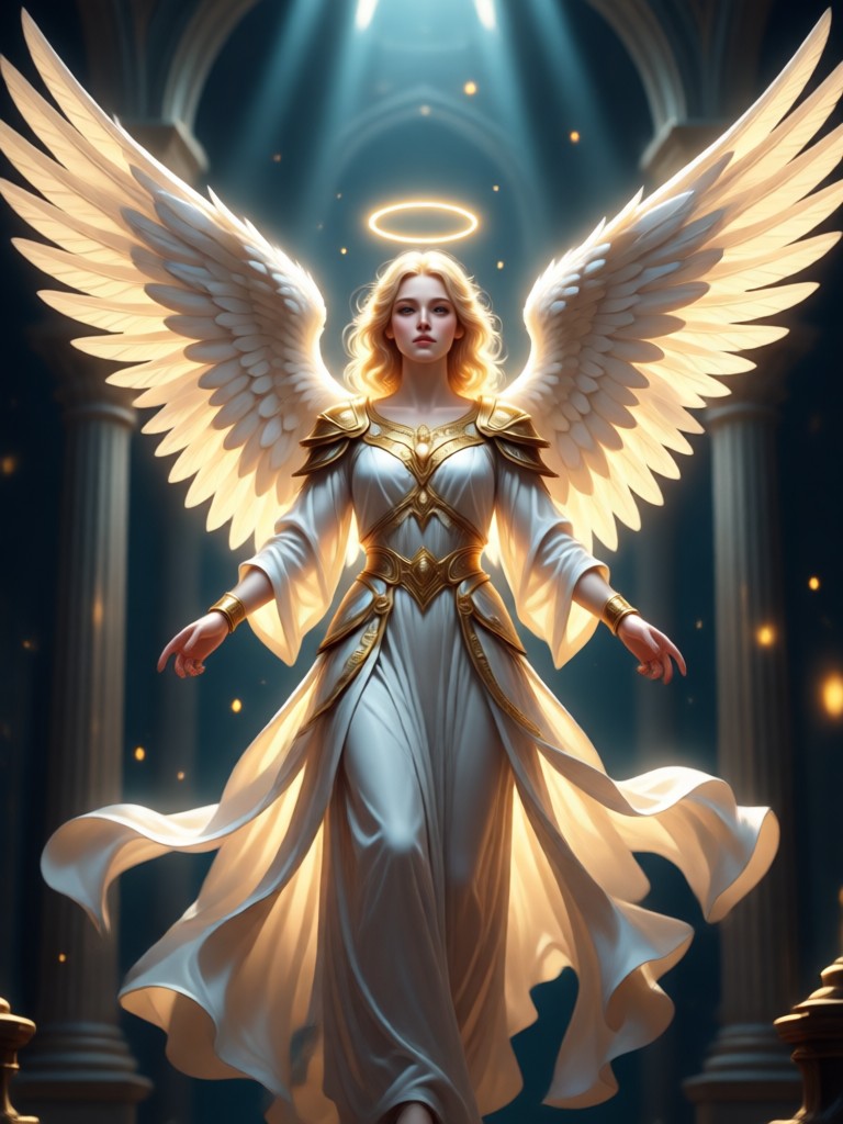 Cyber angel with neon wings and holographic halo