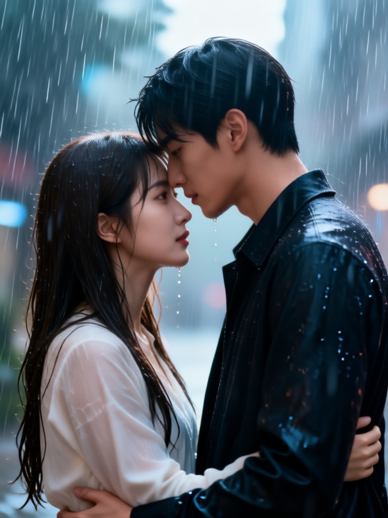 Beso apasionado bajo la lluvia bajo una farola