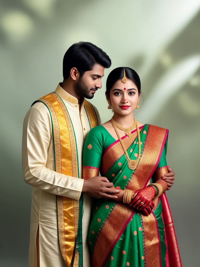 Bengali couple AI portrait in red and white wedding attire