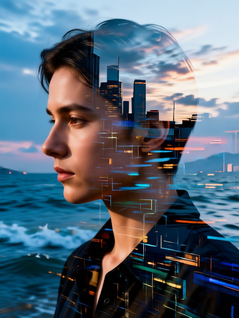 Portrait merged with forest and wildlife double exposure effect
