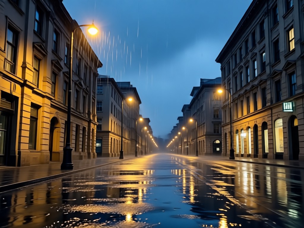 AI generated streetlight glow and rain atmosphere