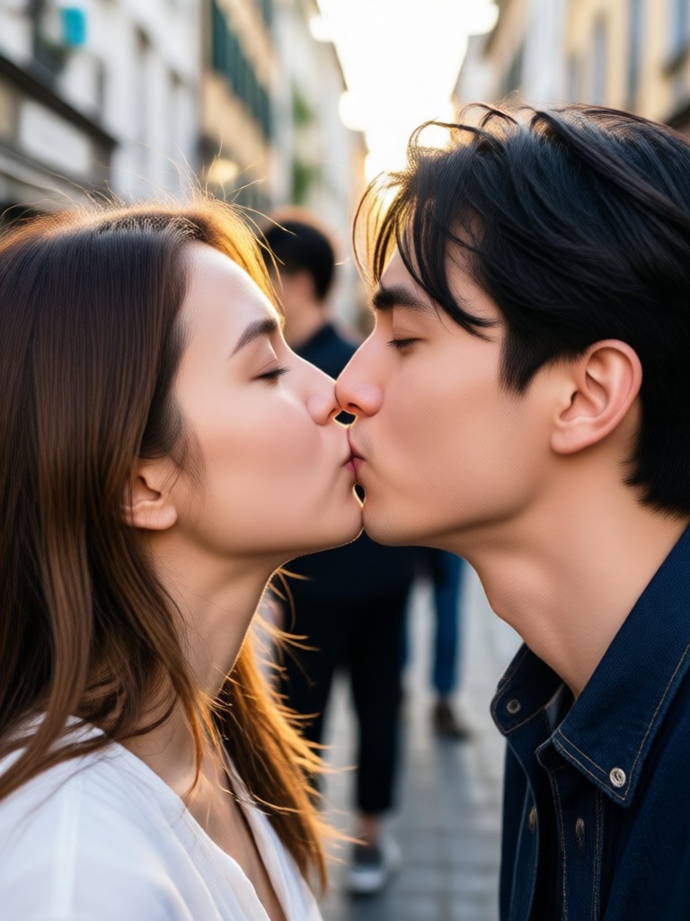 Group photo transformed into a sweet AI kiss moment