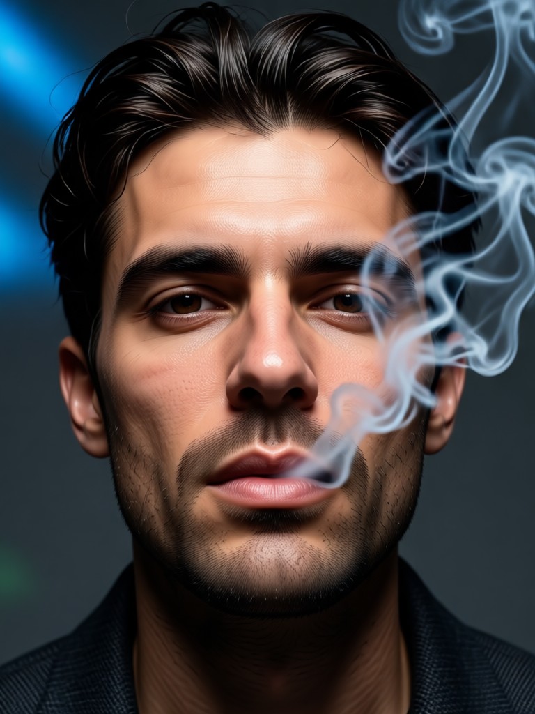Male portrait with subtle smoke wisps around the shoulders