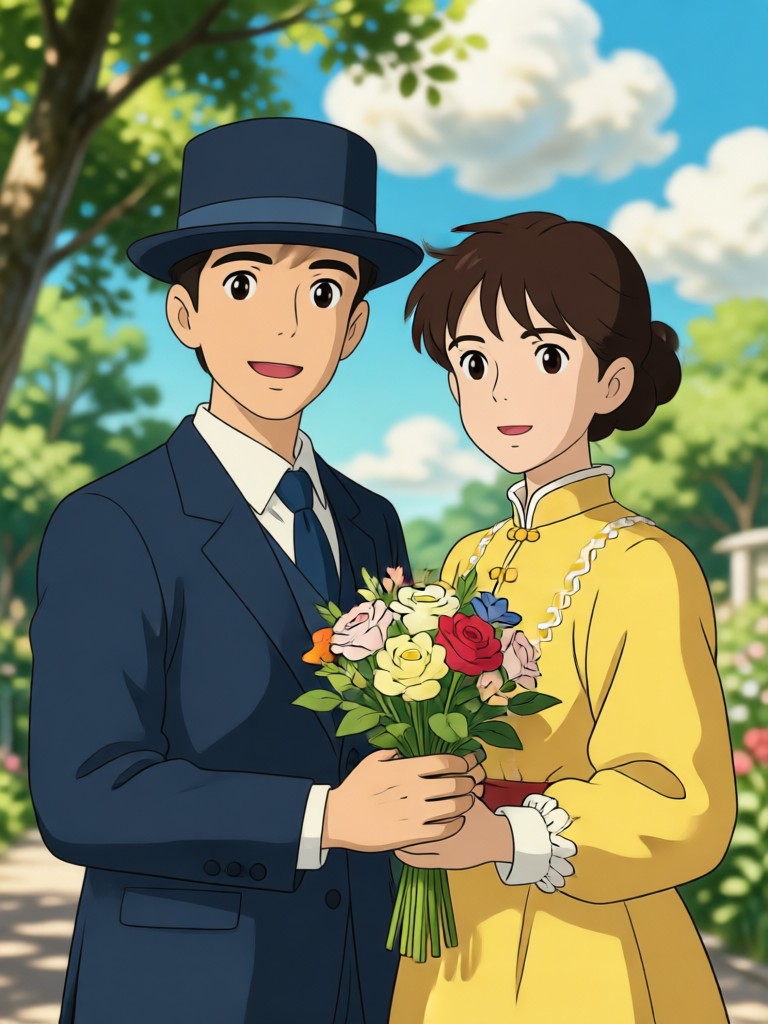 Ghibli couple sitting under a giant tree