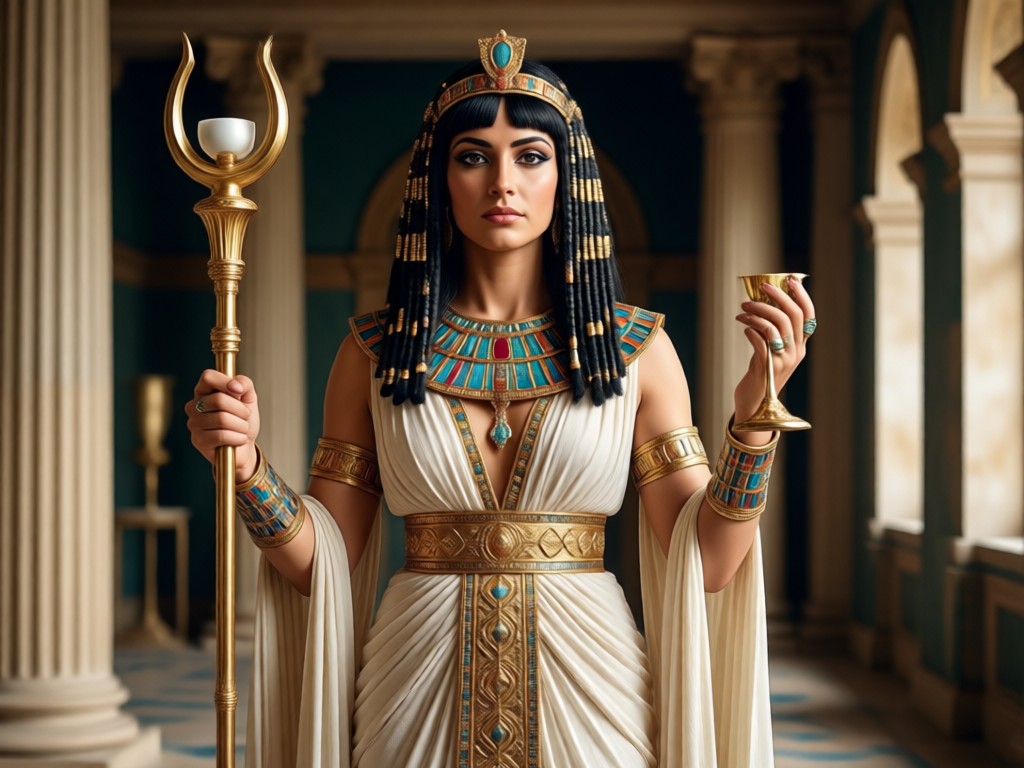 Close-up detail of AI-generated Cleopatra makeup and gold jewelry.