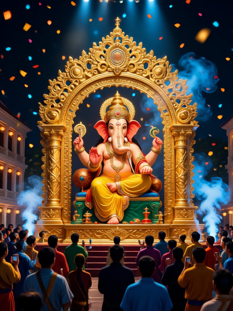 Traditional darshan scene with marigold garlands and diyas