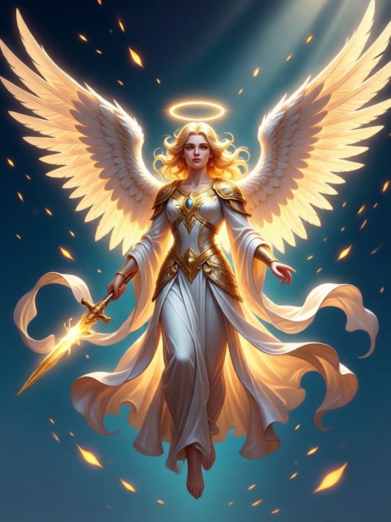 Majestic archangel in armor with sword of light