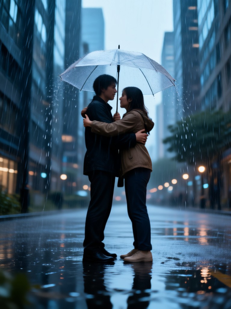 Soft intimate rain hug close up