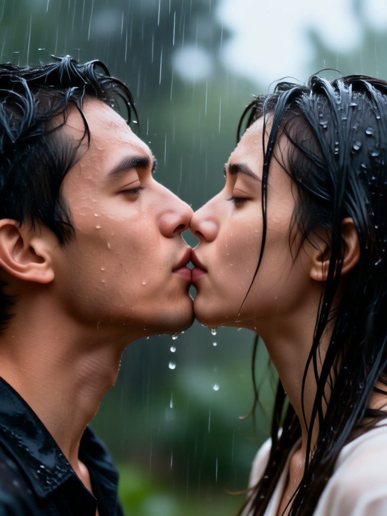 Animated kiss in the rain from two separate selfies