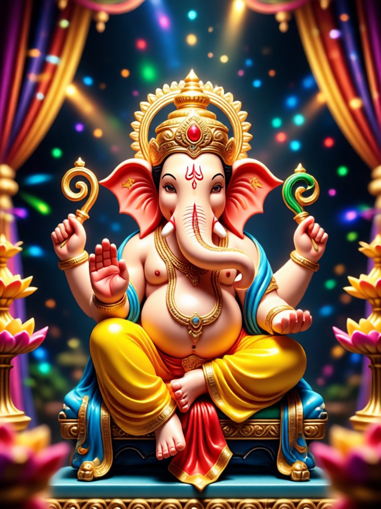 KI-Bearbeitung fügt festliche Lichter zu einem Ganpati-Idol-Foto hinzu