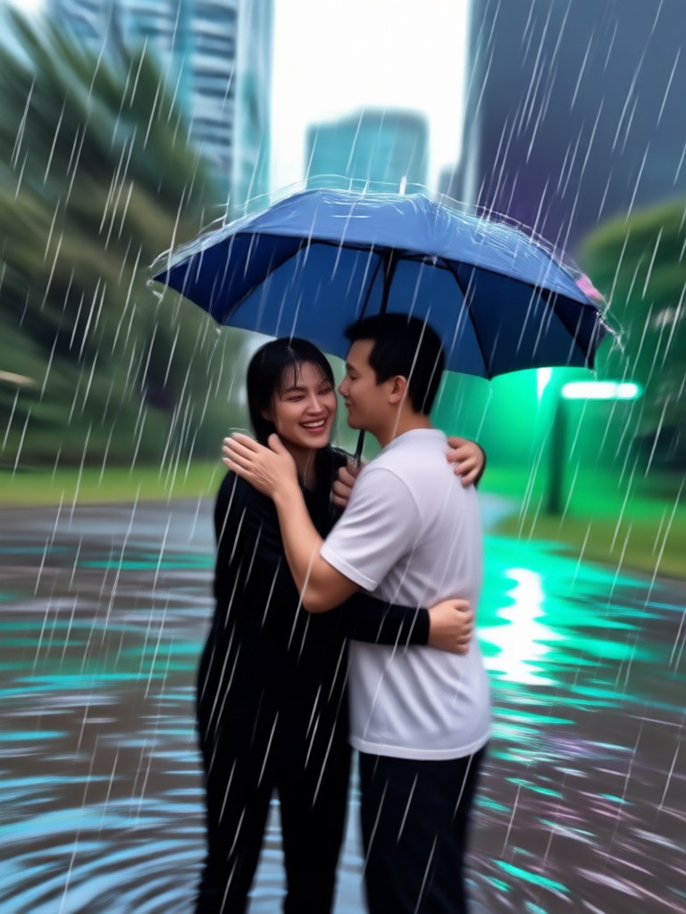 Slow motion rain effect on a couple