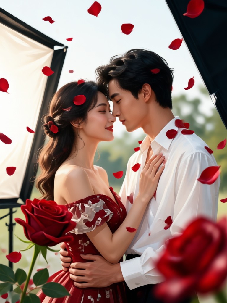 AI generated romantic rose petal couple photoshoot