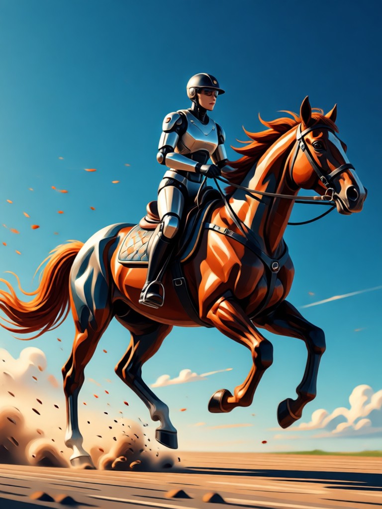 AI horse riding on beach at sunset