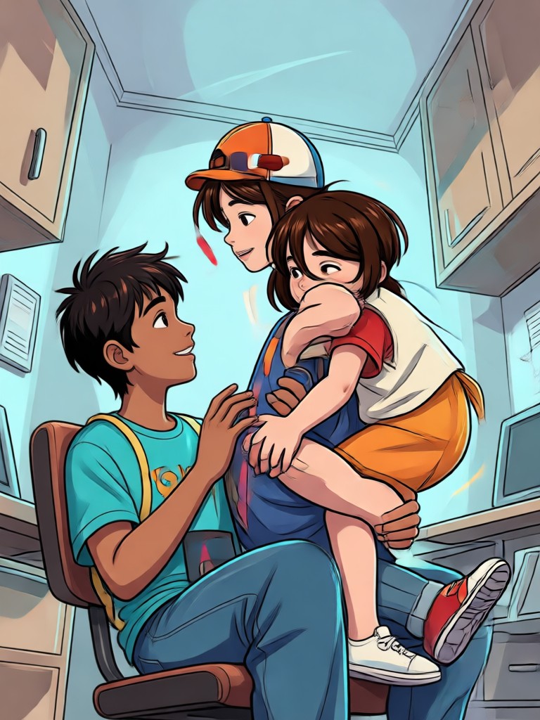 Woman hugging her teenage self in a childhood bedroom