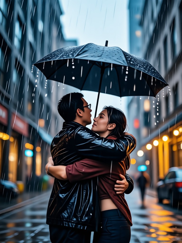 slow motion rain hug ai generated video