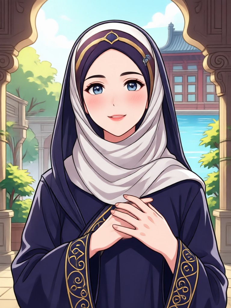 Personagem de anime usando um hijab pastel elegante