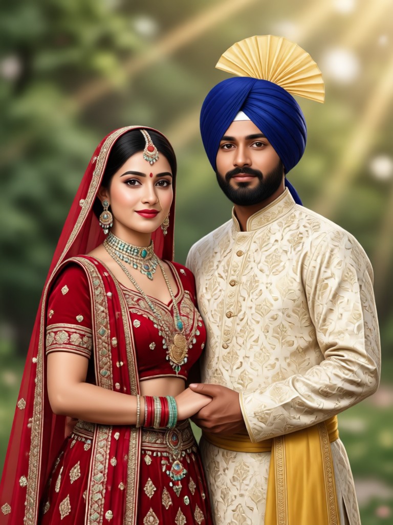 AI generated Sikh couple with vibrant turbans and dupatta