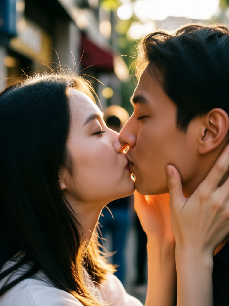 Romantic AI generated couple kiss with a third friend photobombing