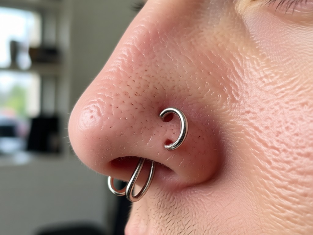 Pessoa comparando múltiplas opções de piercing virtual no nariz na tela do celular
