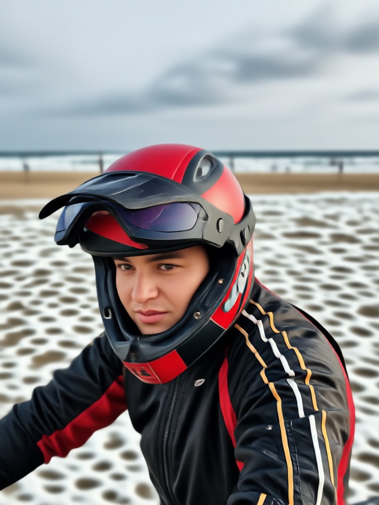 AI art of a rider walking away from a motorcycle on a stormy beach