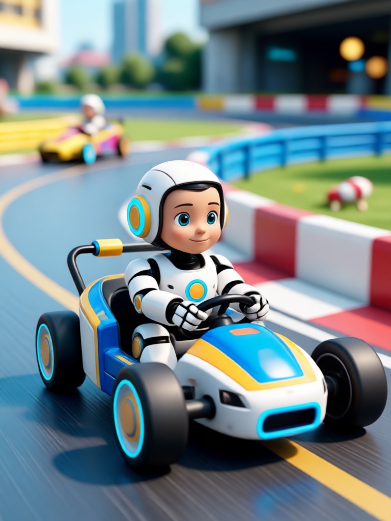 स्टीयरिंग व्हील पकड़े F1 रेसिंग सूट में बेबी