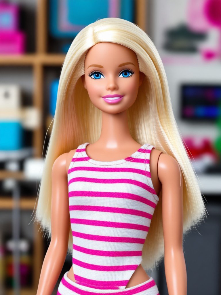 Classic blonde Barbie doll smile with pink background