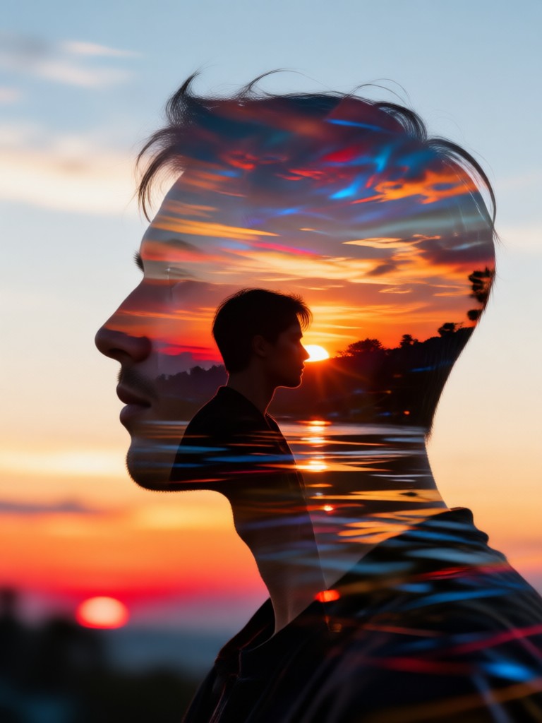 Retrato de perfil con superposición de atardecer en la montaña