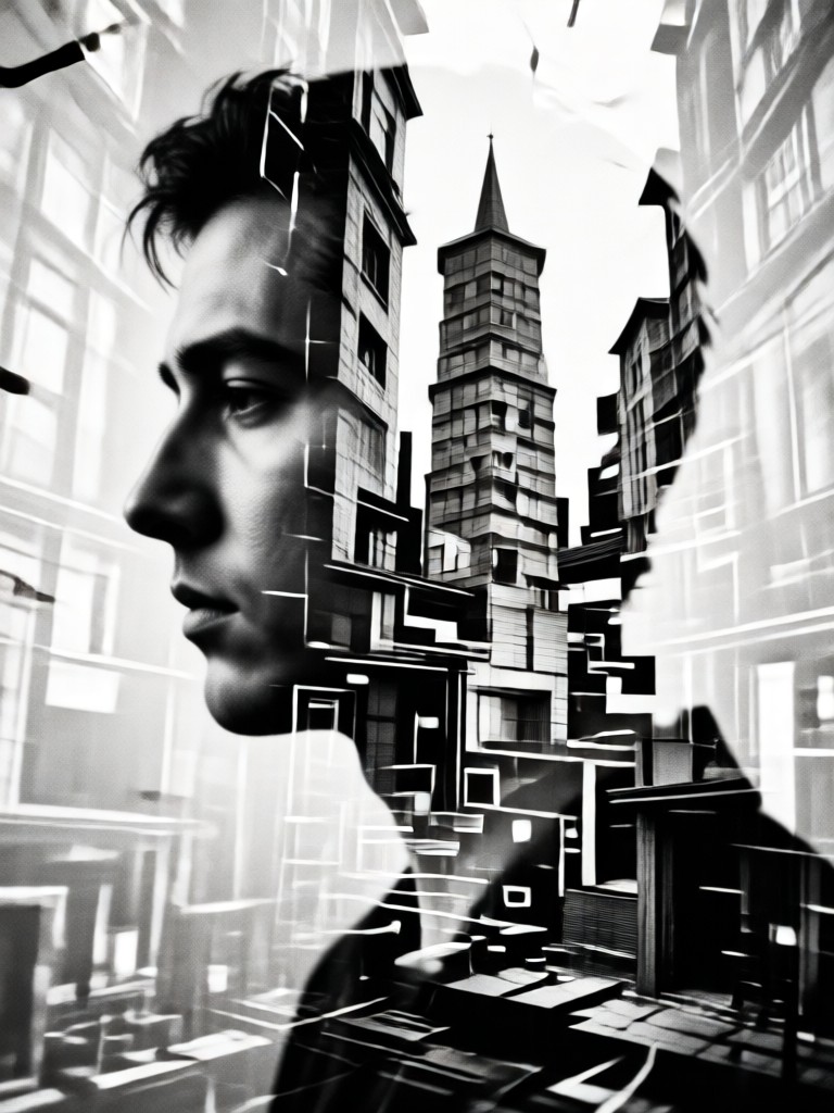 black and white double exposure portrait example