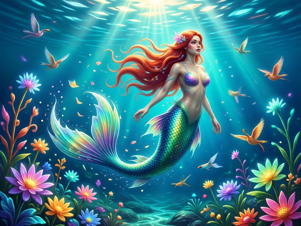 Primer plano detallado de una transformación de sirena con IA