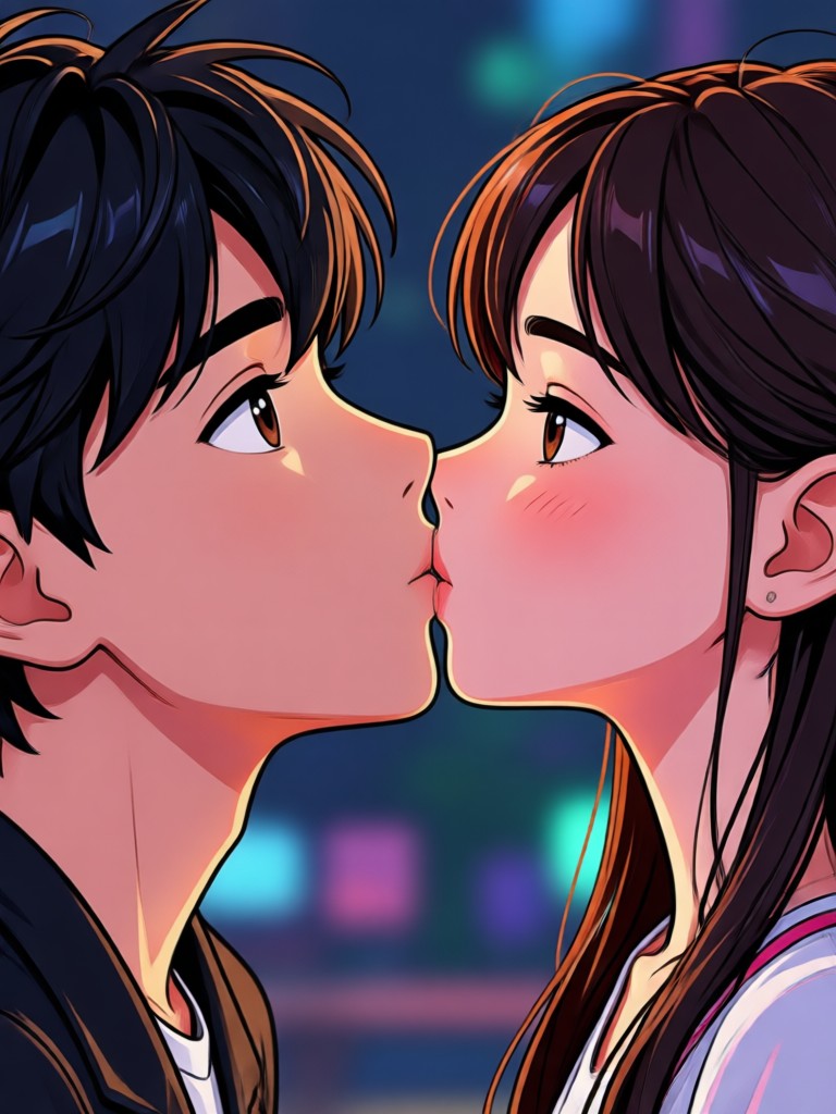 Anime style couple sharing a sweet kiss under cherry blossoms