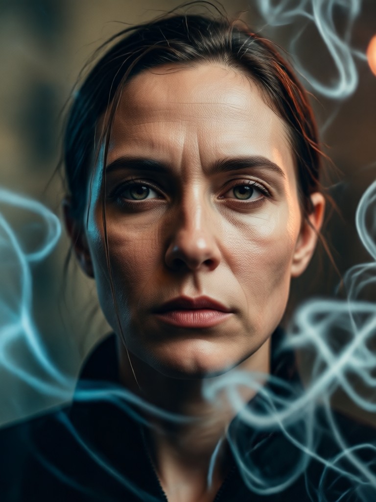 Moody black and white smoky portrait