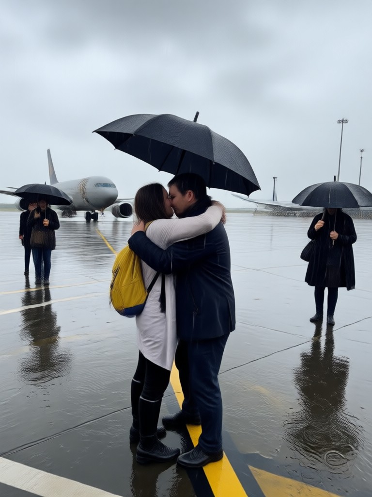 空港の雨のシーンでの感動的な別れのハグ