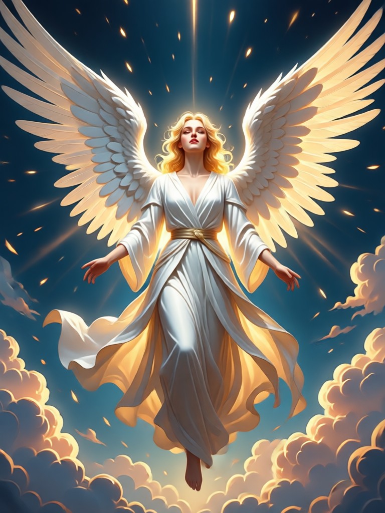 Serene angel with glowing white wings in a garden