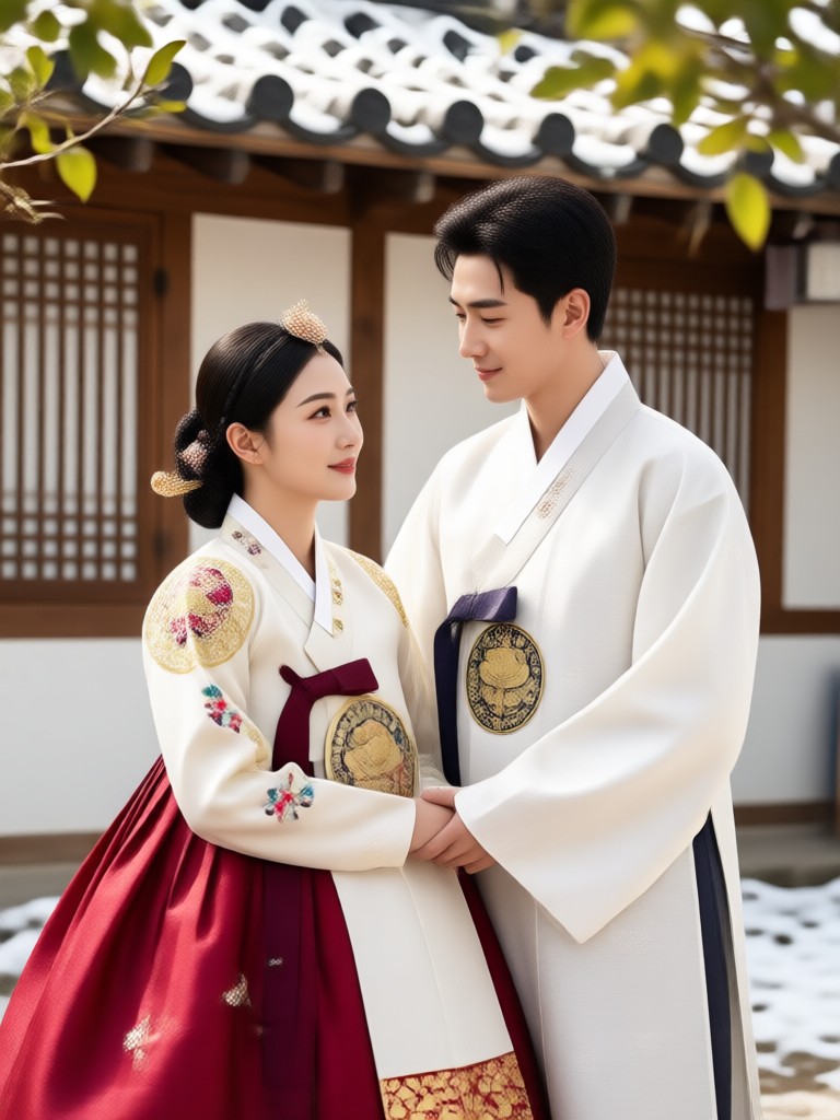 Hanbok couple silhouette against Korean palace backdrop