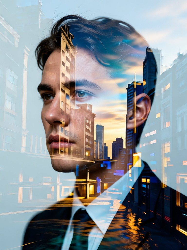 Double exposure effect showing a face within a city's skyline