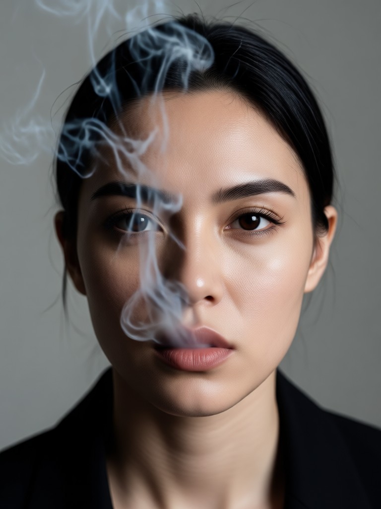 Minimalist portrait with a single stream of white smoke