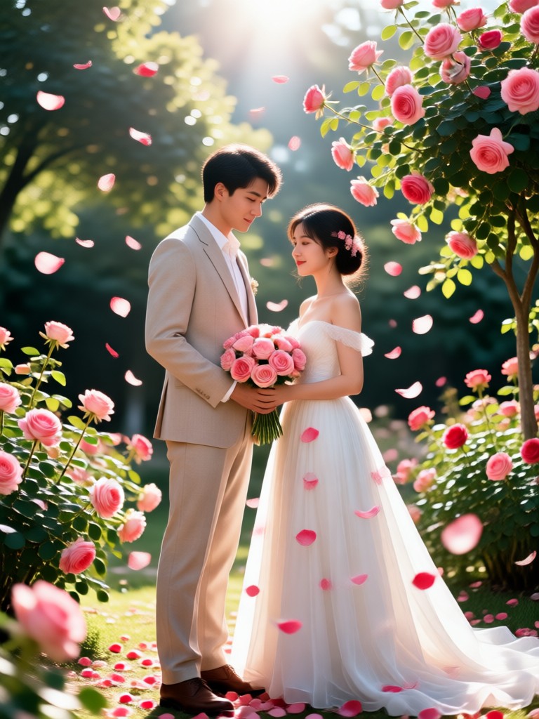 AI couple photo with cascading pink rose petals