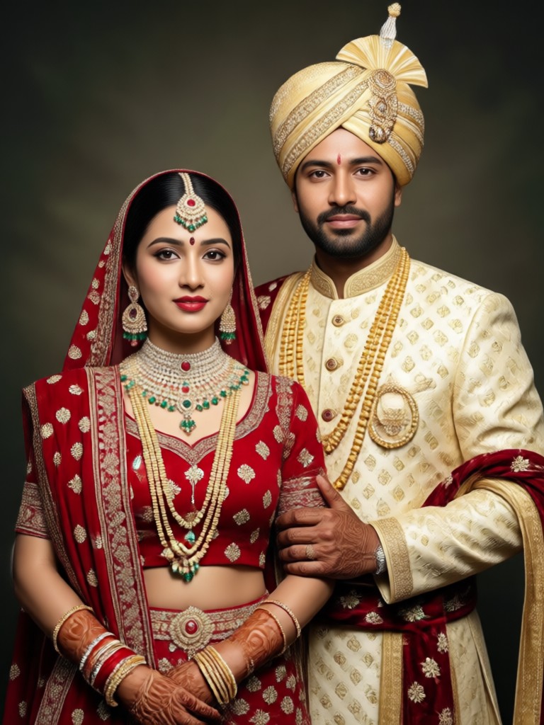 AI generated royal wedding photo with ornate lehenga and sherwani