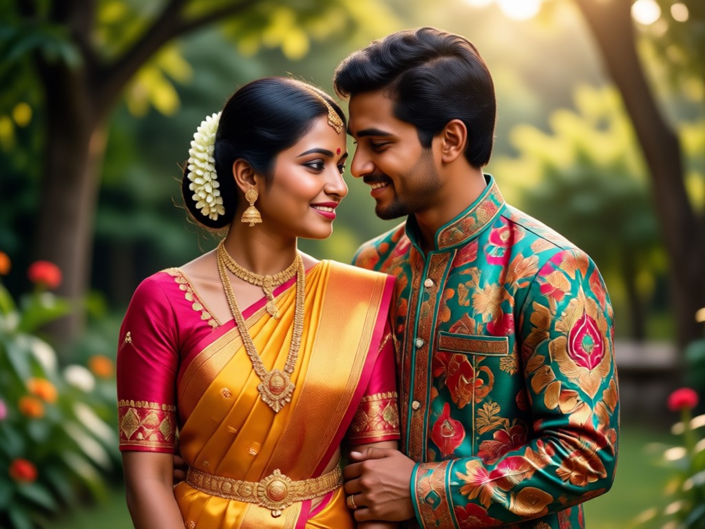 AI Tamil couple with temple backdrop