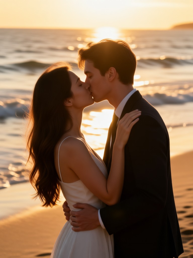 Cozy winter cabin engagement kiss scene