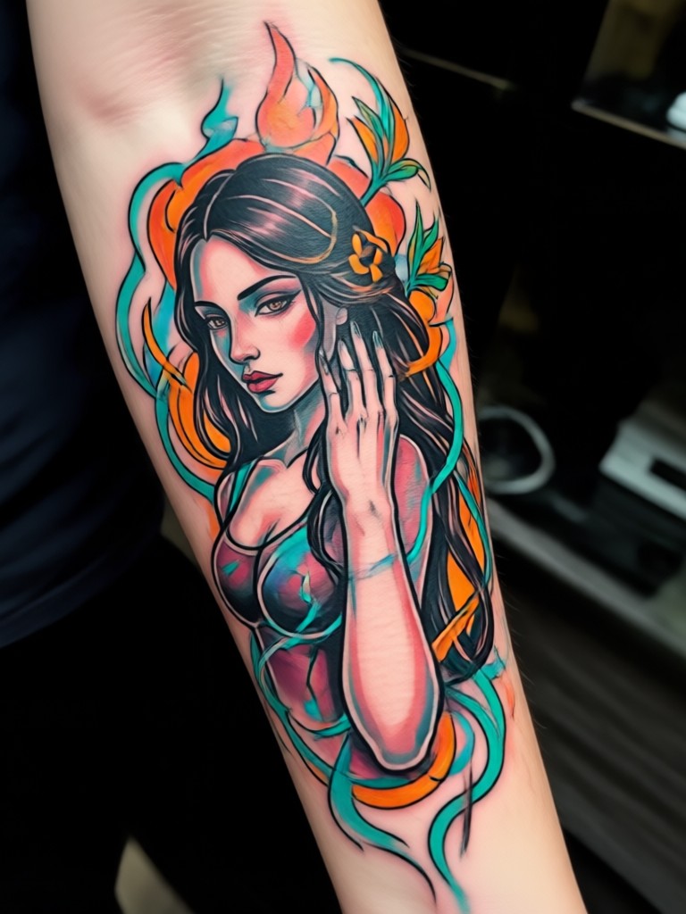 Surreal portrait tattoo with botanical elements