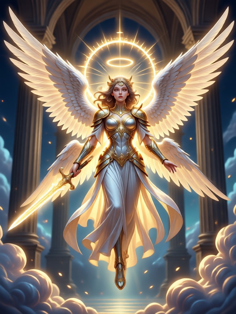 Epic battle angel with sword and radiant energy